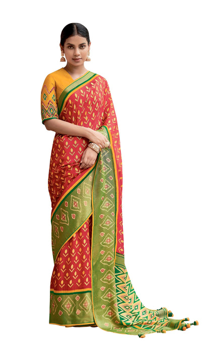 Red Paithani Weave Printed Saree with embroidered Blouse M042 - Ethnic's By Anvi Creations