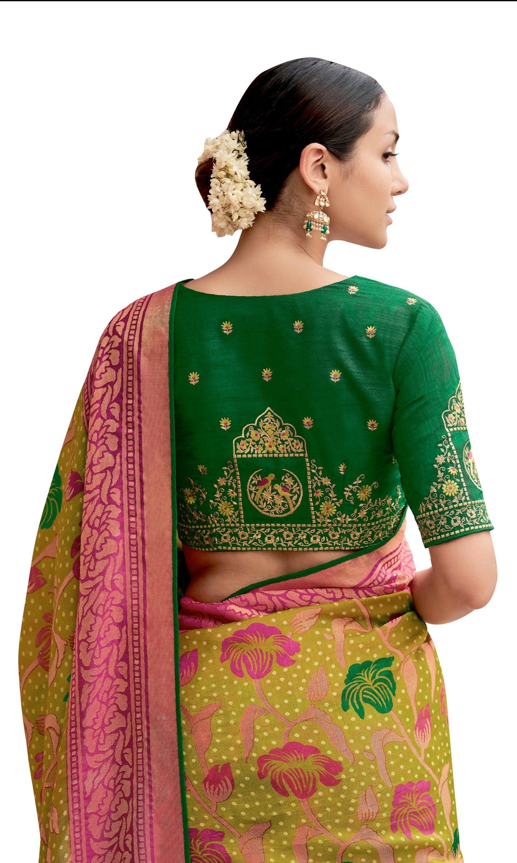 Lime Green Paithani Weave Printed Saree with embroidered Blouse M043 - Ethnic's By Anvi Creations