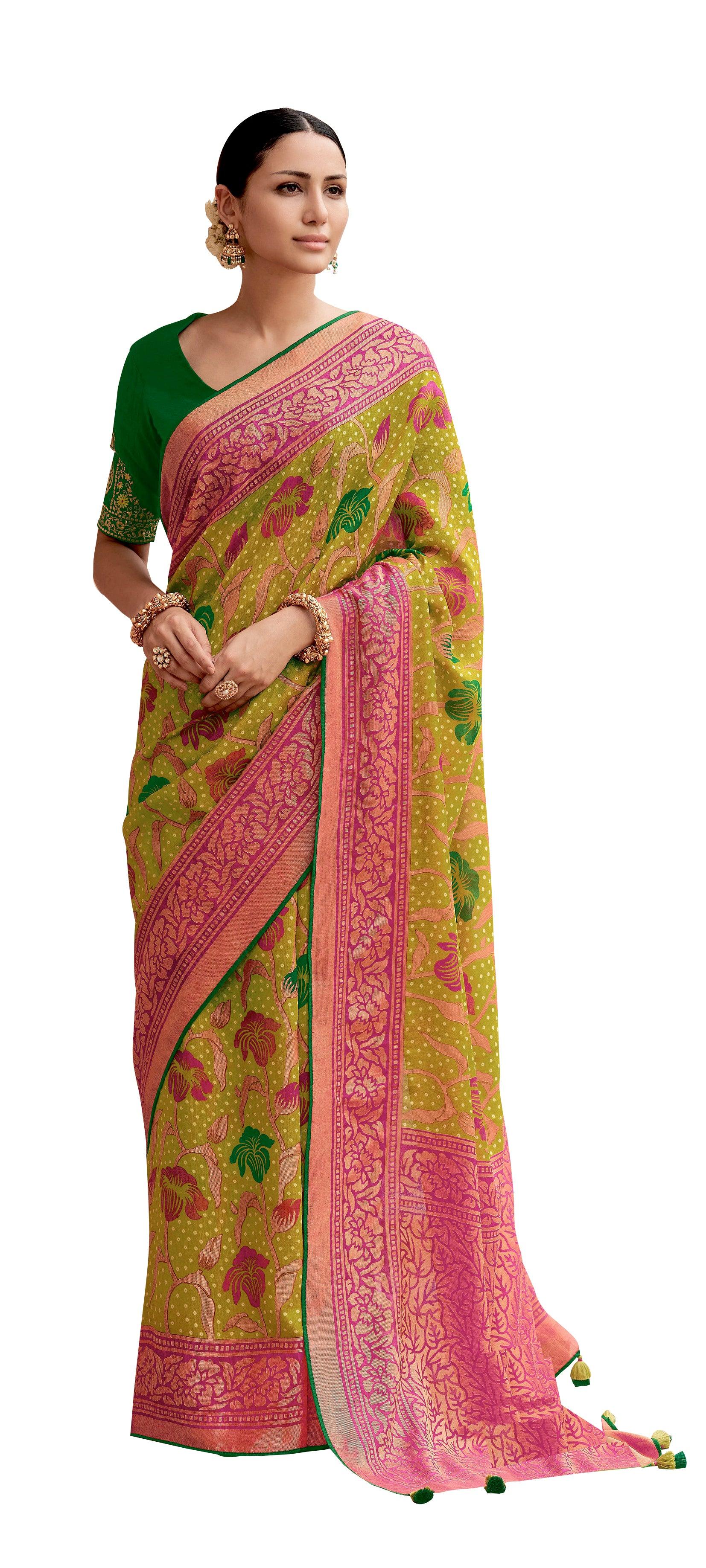 Lime Green Paithani Weave Printed Saree with embroidered Blouse M043 - Ethnic's By Anvi Creations
