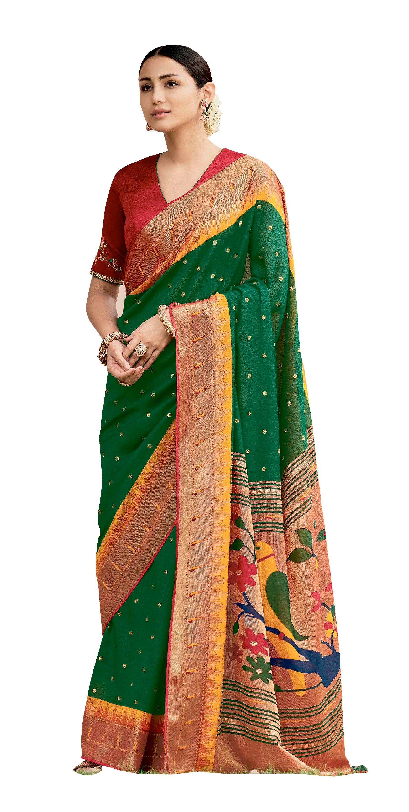 Dark Green Paithani Weave Printed Saree with embroidered Blouse M049 - Ethnic's By Anvi Creations