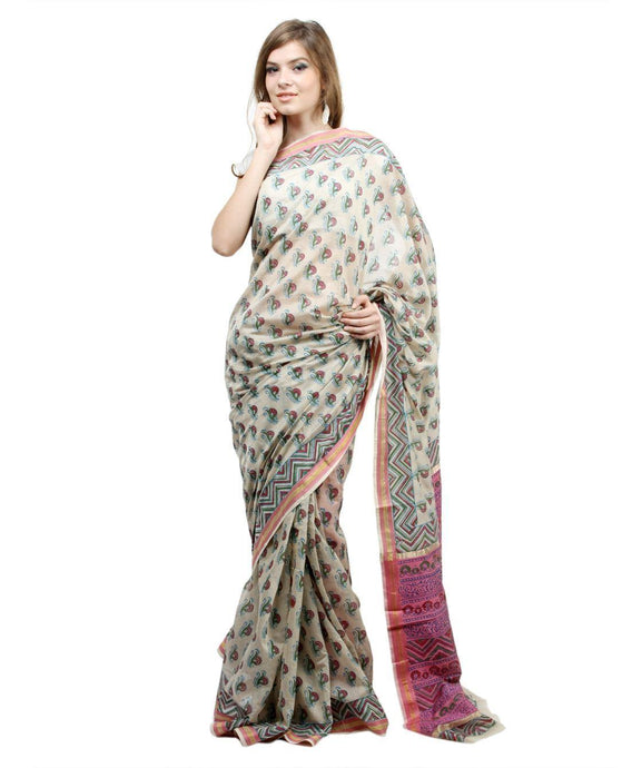 Block Printed Off White Maheshwari Mercerised Cotton Silk saree-Anvi Creations-Maheshwari Saree