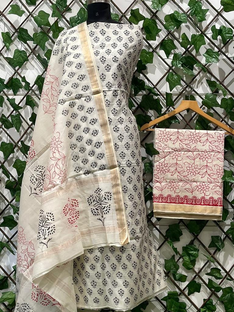 Off White Pure Maheshwari Cotton Silk Block Printed Suit with Dupatta MH27 - Ethnic's By Anvi Creations