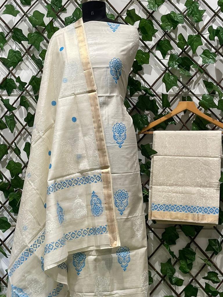 Off White Pure Maheshwari Cotton Silk Block Printed Suit with Dupatta MH28 - Ethnic's By Anvi Creations