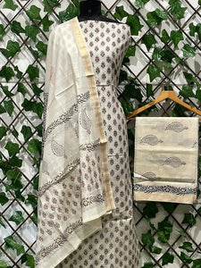 Off White Pure Maheshwari Cotton Silk Block Printed Suit with Dupatta MH29 - Ethnic's By Anvi Creations