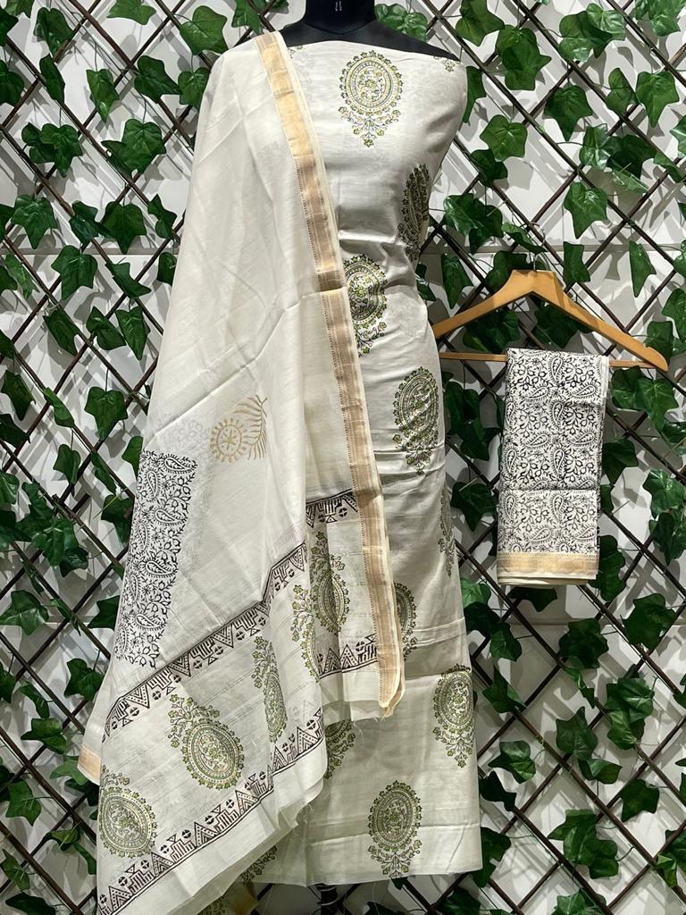 Off White Pure Maheshwari Cotton Silk Block Printed Suit with Dupatta MH30 - Ethnic's By Anvi Creations