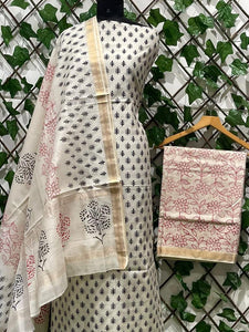 Off White Pure Maheshwari Cotton Silk Block Printed Suit with Dupatta MH32 - Ethnic's By Anvi Creations