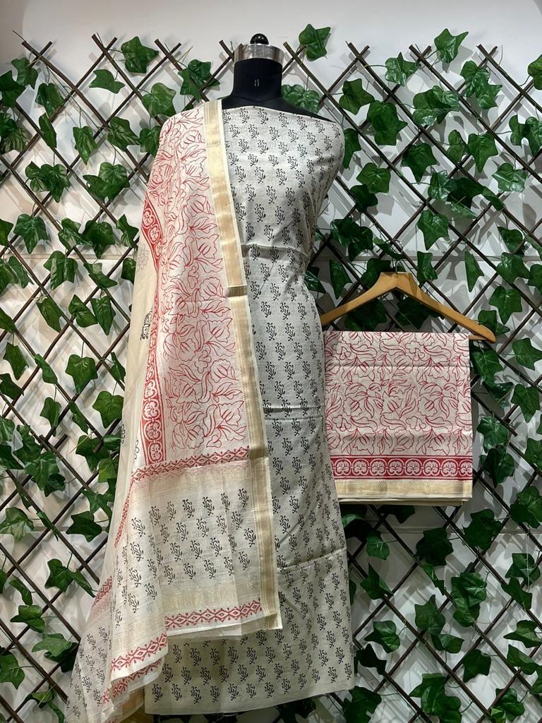 Off White Pure Maheshwari Cotton Silk Block Printed Suit with Dupatta MH33 - Ethnic's By Anvi Creations