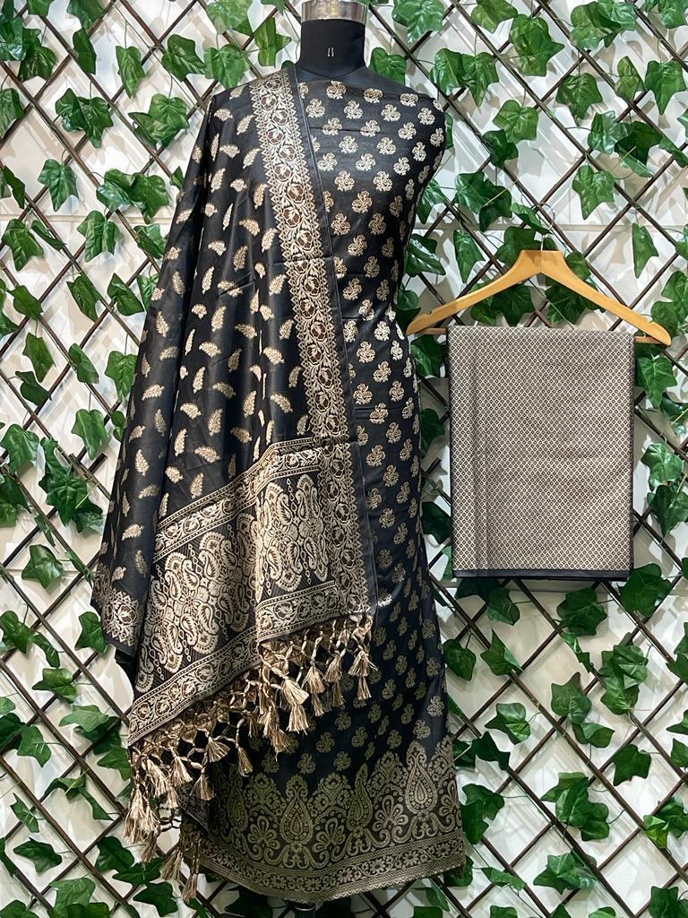 Black Maheshwari Cotton Silk Resham Weave Suit with Dupatta MH37 - Ethnic's By Anvi Creations