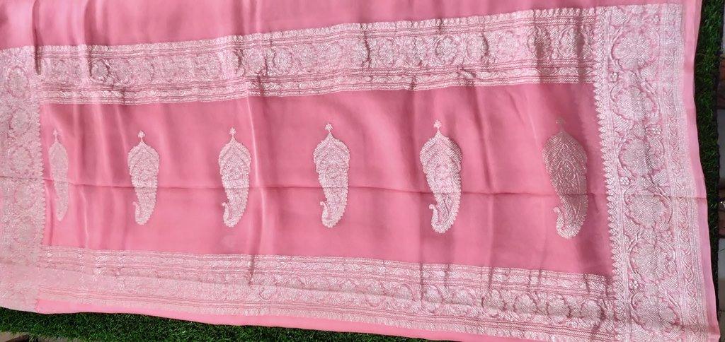 Pink Banarasi Pure Khaddi Chiffon Saree MK01 - Ethnic's By Anvi Creations