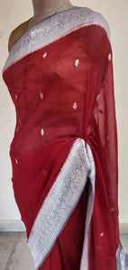 Maroon Grey Banarasi Pure Khaddi Chiffon Saree MK02 - Ethnic's By Anvi Creations