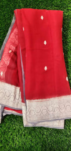 Maroon Grey Banarasi Pure Khaddi Chiffon Saree MK02 - Ethnic's By Anvi Creations