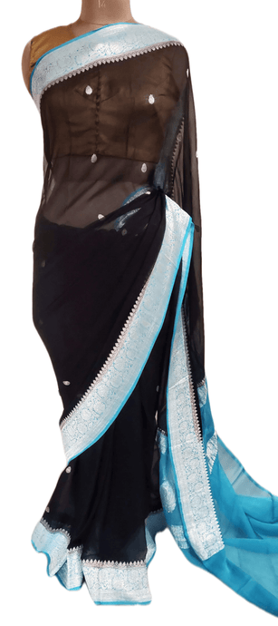 Black Banarasi Pure Khaddi Chiffon Saree MK05 - Ethnic's By Anvi Creations