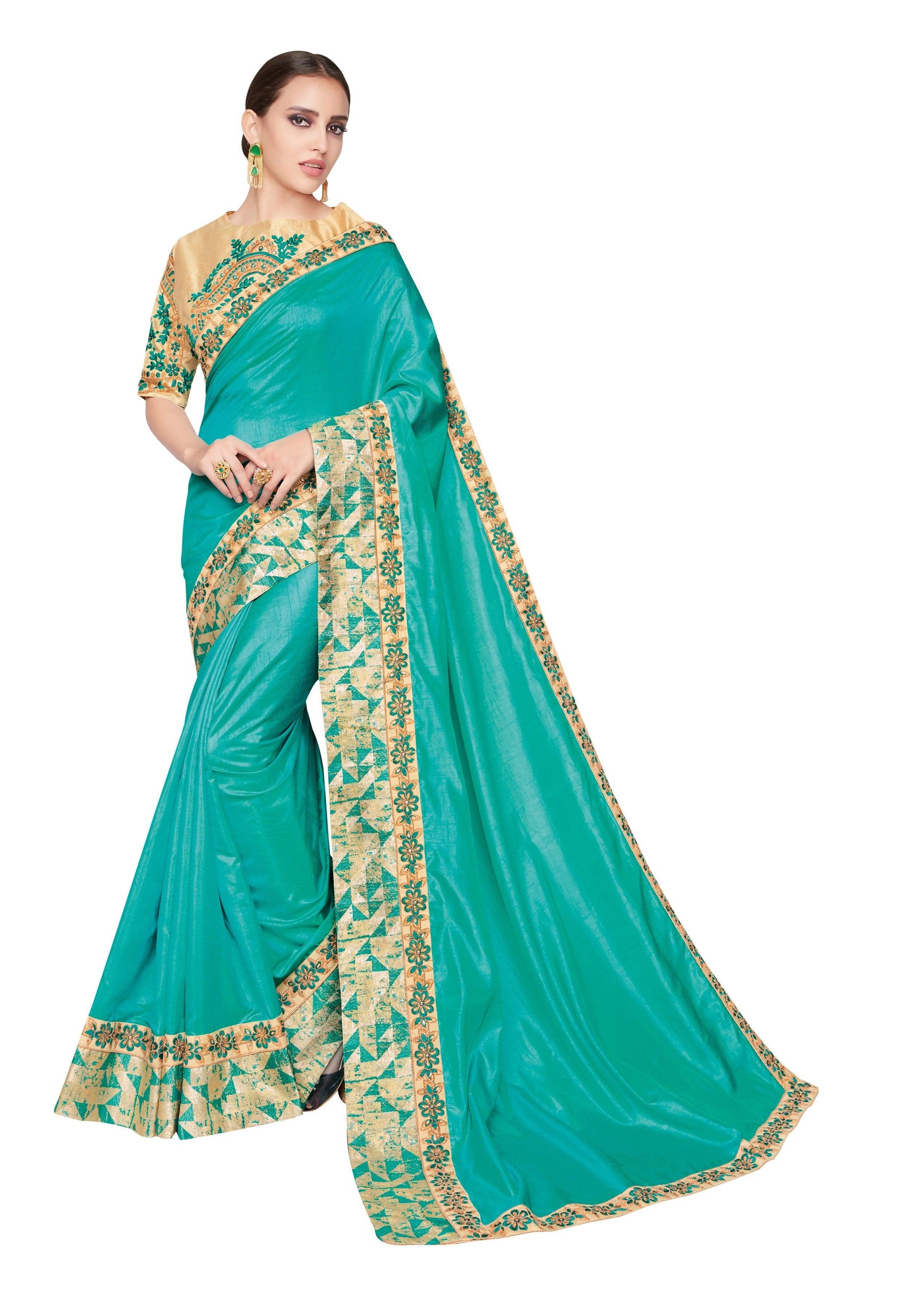 Designer Two Tone Turquoise Silk Border Saree with Semi Stitched Blouse MM12324-Anvi Creations-