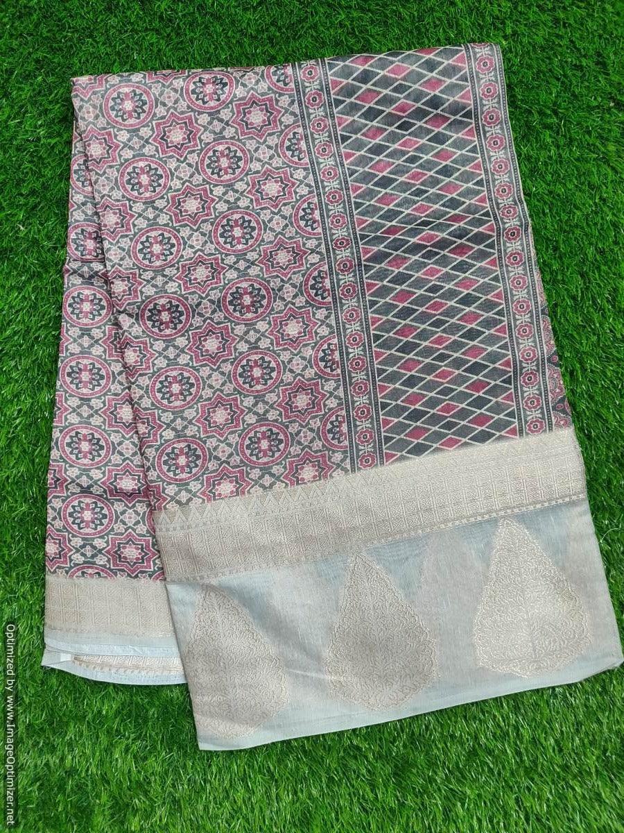 Designer Jequard Border Printed Soft Linen Cotton Saree MN102 - Ethnic's By Anvi Creations