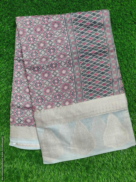 Designer Jequard Border Printed Soft Linen Cotton Saree MN102 - Ethnic's By Anvi Creations