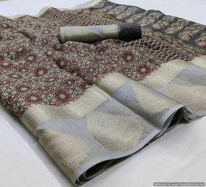Designer Jequard Border Printed Soft Linen Cotton Saree MN102 - Ethnic's By Anvi Creations