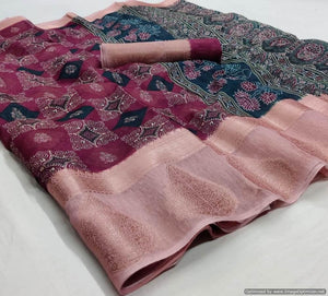 Designer Jacquard Border Printed Soft Linen Cotton Saree MN103 - Ethnic's By Anvi Creations