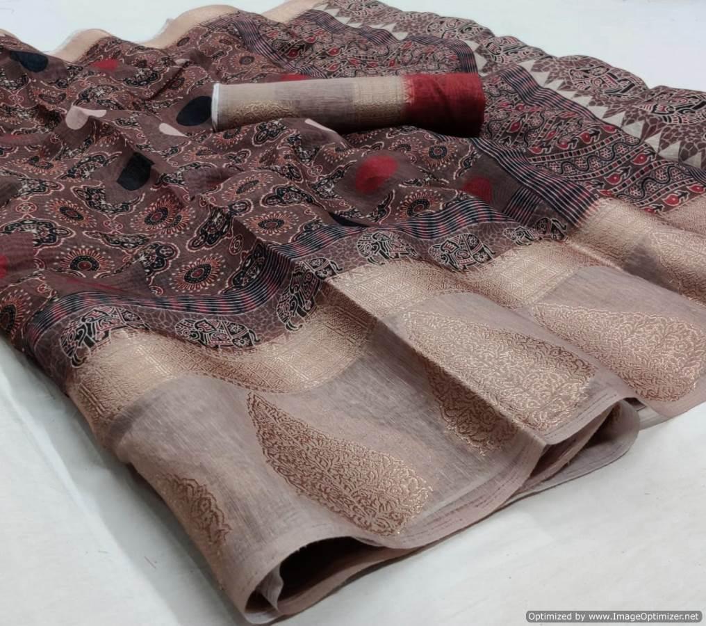 Designer Jacquard Border Printed Soft Linen Cotton Saree MN105 - Ethnic's By Anvi Creations