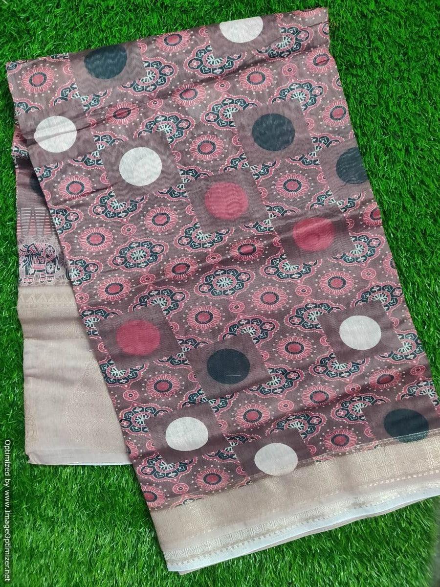 Designer Jacquard Border Printed Soft Linen Cotton Saree MN105 - Ethnic's By Anvi Creations