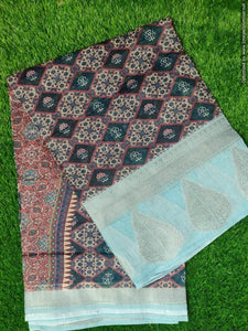Designer Jacquard Border Printed Soft Linen Cotton Saree MN107 - Ethnic's By Anvi Creations