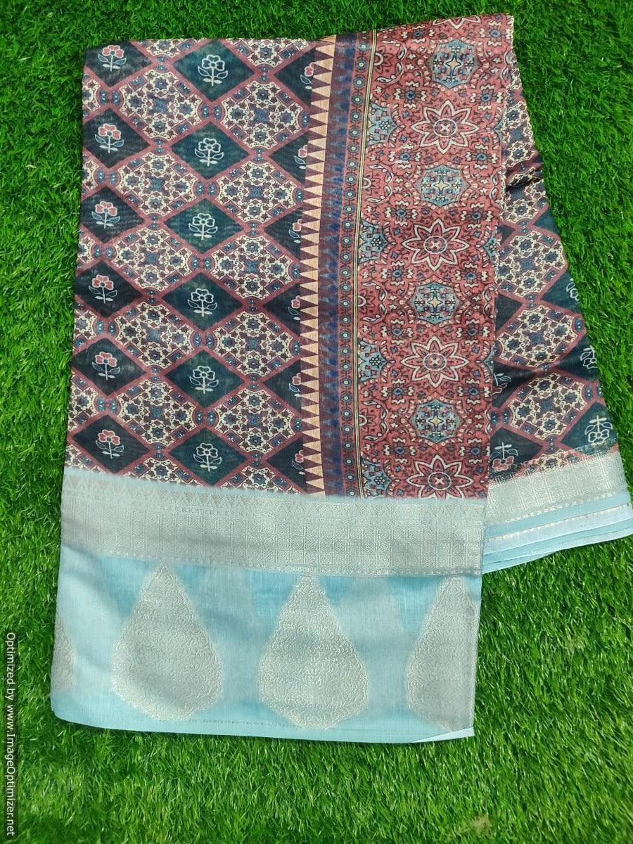 Designer Jacquard Border Printed Soft Linen Cotton Saree MN107 - Ethnic's By Anvi Creations