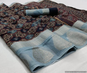 Designer Jacquard Border Printed Soft Linen Cotton Saree MN107 - Ethnic's By Anvi Creations