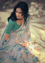 Load image into Gallery viewer, Light Grey Floral Printed Saree with Pearl Lace Work MN3802 - Ethnic&#39;s By Anvi Creations