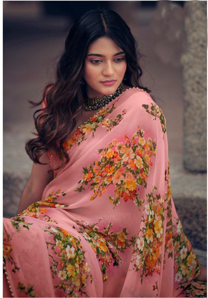 Peach Floral Printed Saree with Pearl Lace Work MN3803 - Ethnic's By Anvi Creations