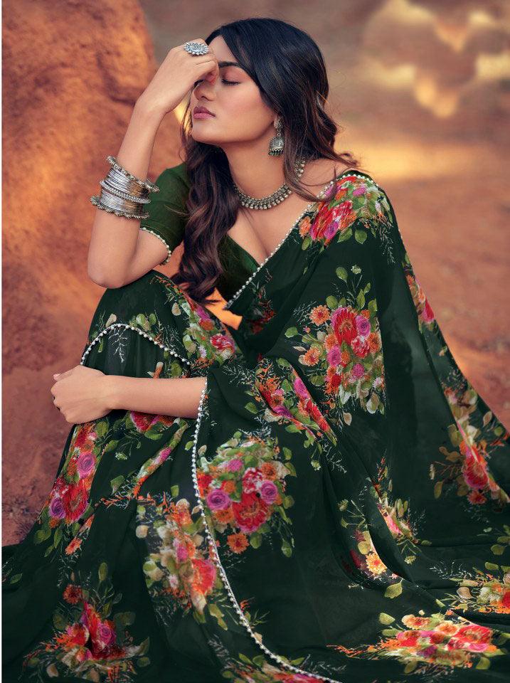 Bottle Green Floral Printed Saree with Pearl Lace Work MN3807 - Ethnic's By Anvi Creations