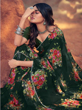 Charger l&#39;image dans la galerie, Bottle Green Floral Printed Saree with Pearl Lace Work MN3807 - Ethnic&#39;s By Anvi Creations