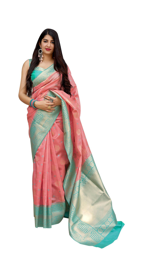 Designer Peach Pink Weaven Pure Silk Saree MAN1301-Ethnic's By Anvi Creations-