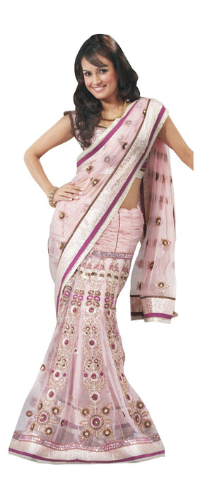 Baby Pink Heavy Embroidered Lehenga Saree 2015B-Anvi Creations-Designer Saree