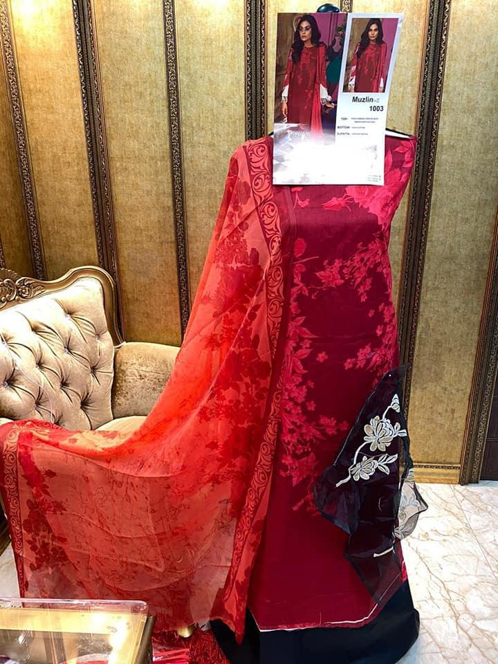Designer Pakistani Replica Muzlin Red Cambric Cotton Dress Material M1003-Anvi Creations-Dress Material