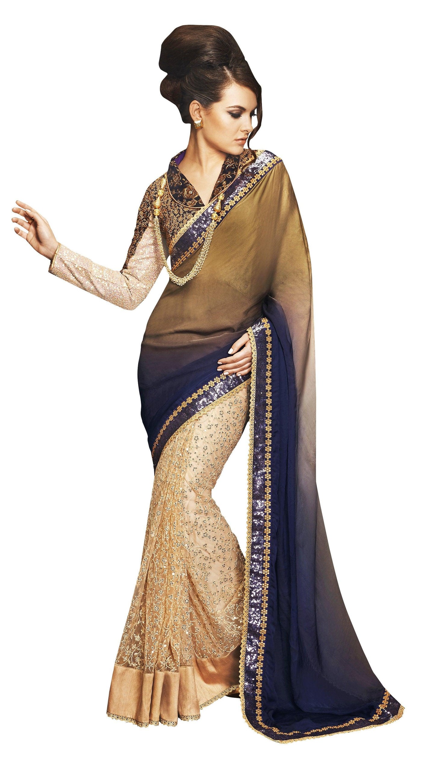 Designer Wedding Partywear Shaded Blue Golden Net Georgette Saree SC12002-Anvi Creations-Designer Saree
