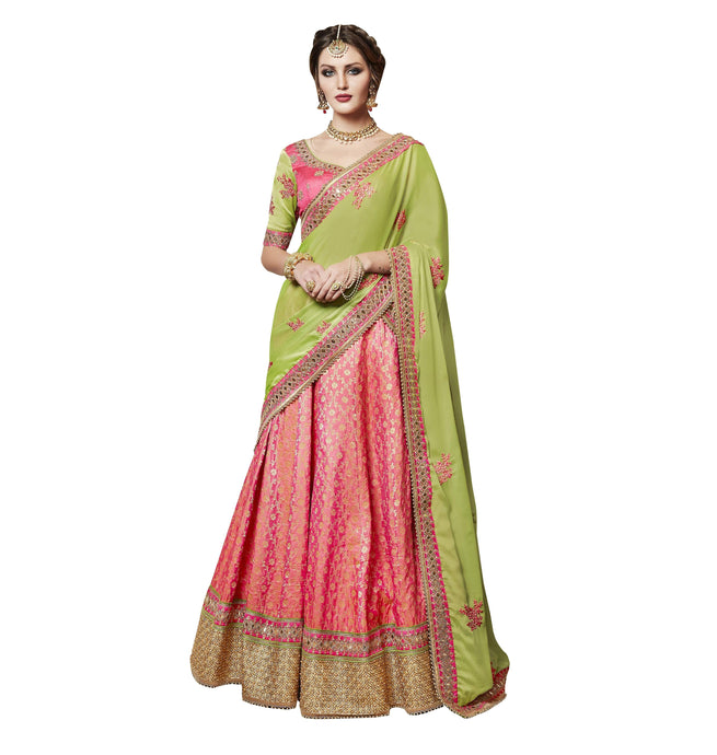 Designer Embroidered Heavy Green Pink Brocade Lehenga Saree SC4081-Anvi Creations-Lehenga Saree