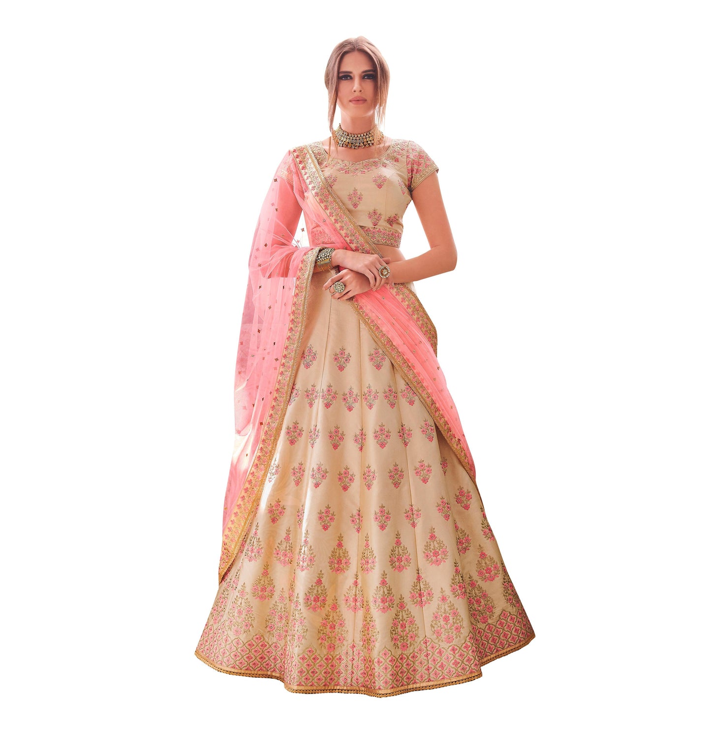 Designer Peach Semi Stitched Satin Silk Lehenga Choli Dupatta 4154-Anvi Creations-Lehenga Choli
