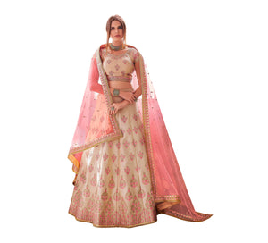 Designer Peach Semi Stitched Satin Silk Lehenga Choli Dupatta 4154-Anvi Creations-Lehenga Choli