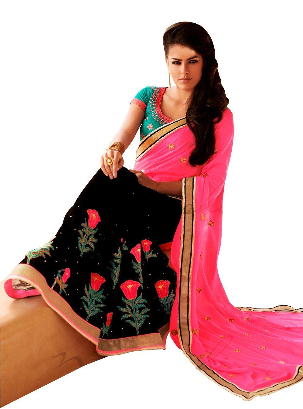 Black Deep Pink Georgette Embroidered Saree SC6006B-Anvi Creations-Designer Saree