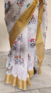 Designer Off white Quirky Printed Linen Silk Saree ND01-Anvi Creations-Handloom saree