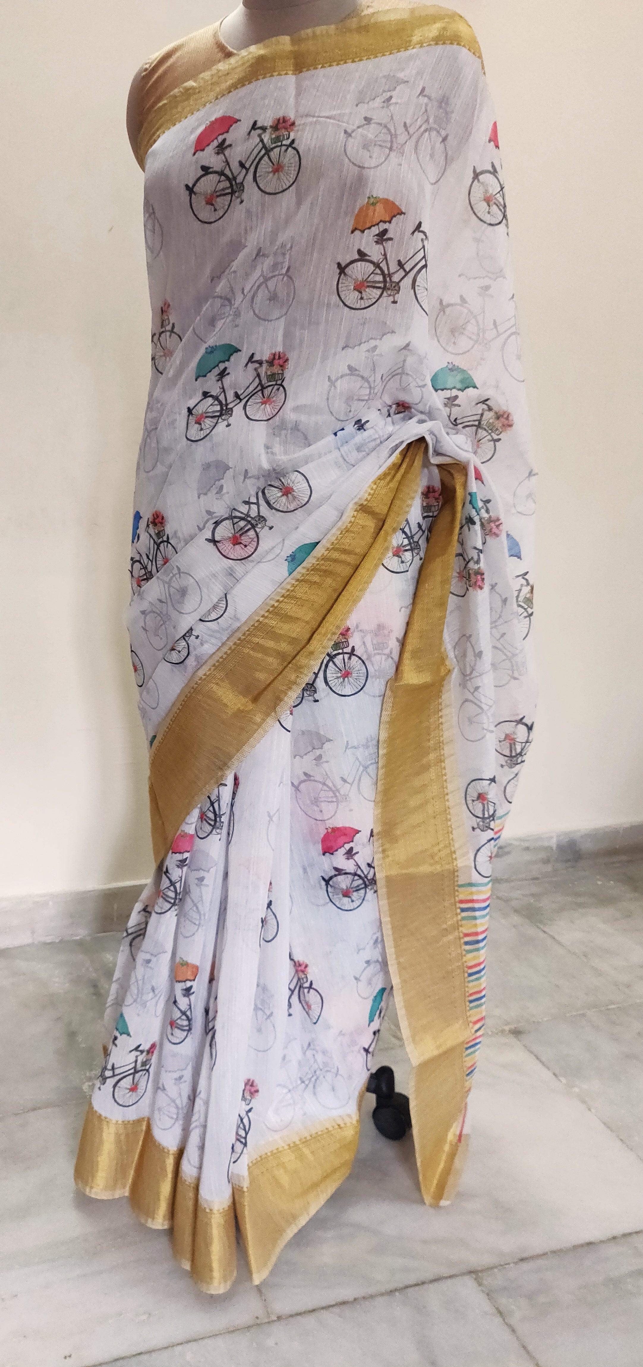 Designer Off white Quirky Printed Linen Silk Saree ND01-Anvi Creations-Handloom saree