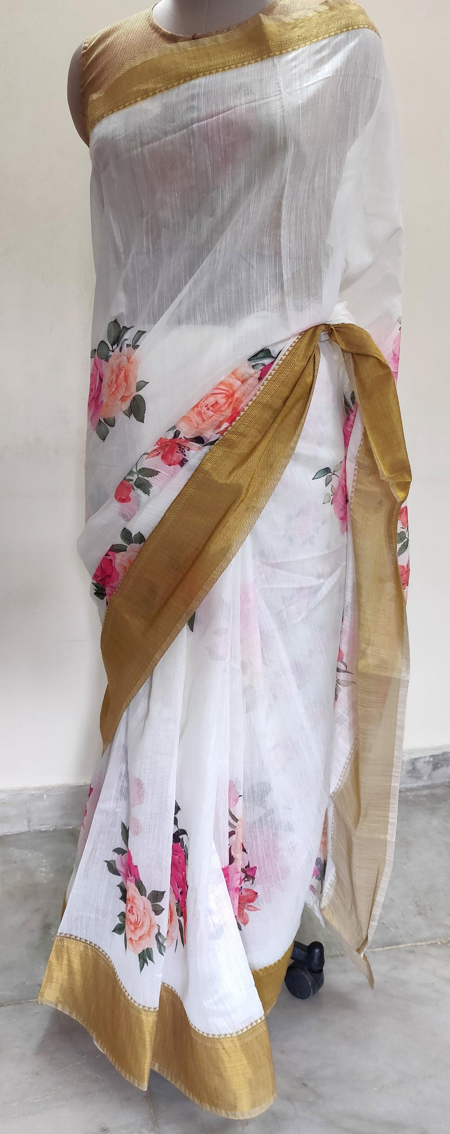 Designer Off white Floral Printed Linen Silk Saree ND03-Anvi Creations-Handloom saree