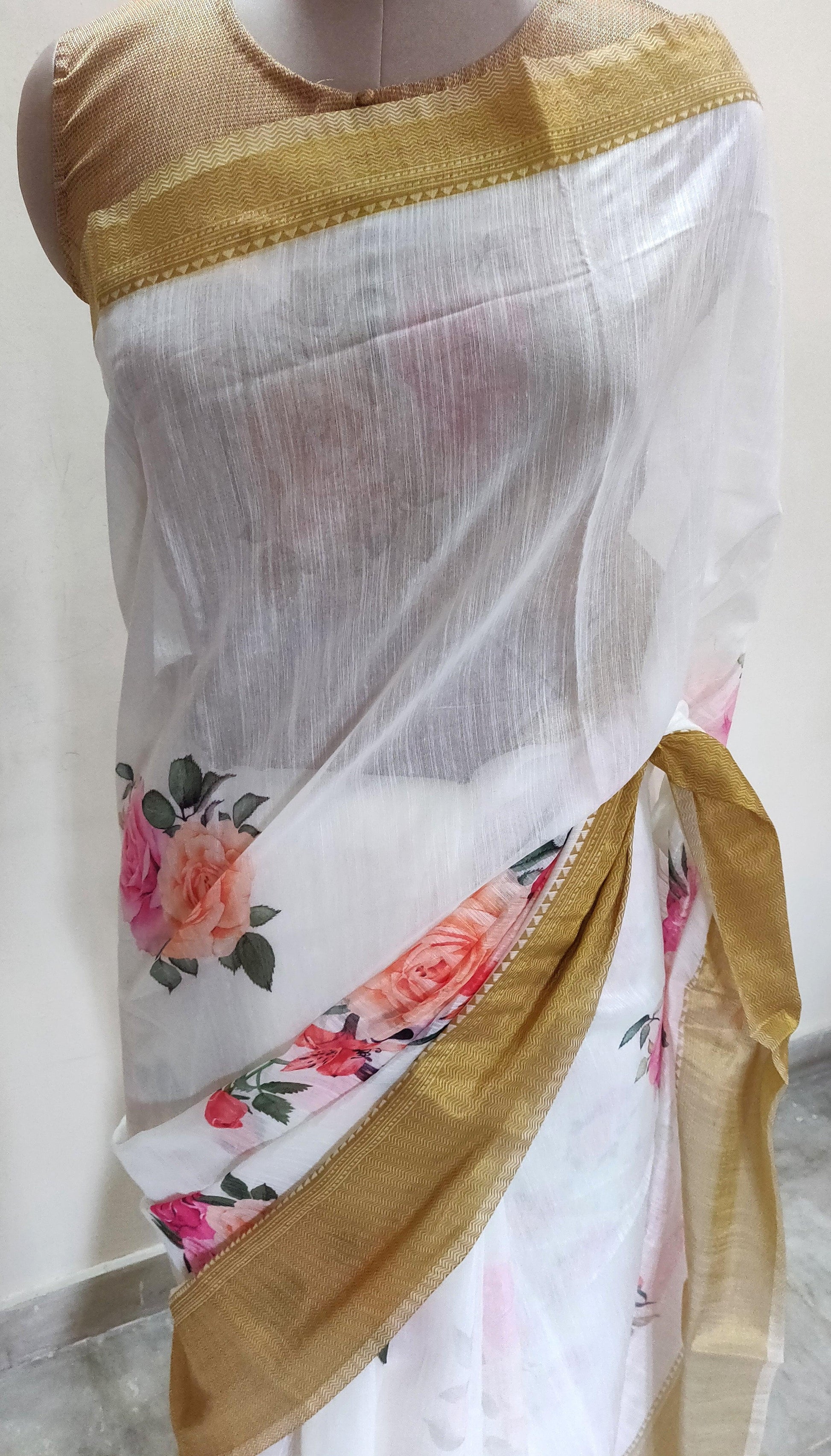 Designer Off white Floral Printed Linen Silk Saree ND03-Anvi Creations-Handloom saree