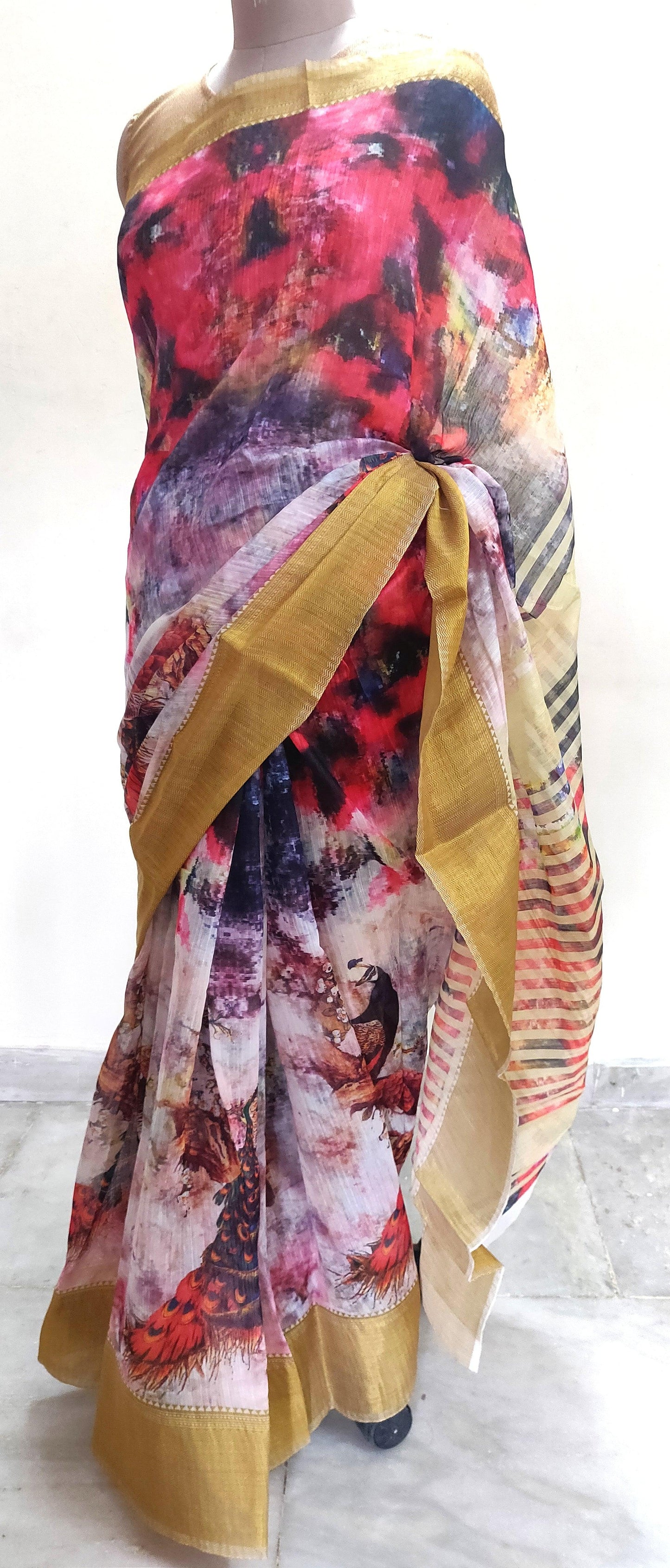 Designer Multi Digital Printed Linen Silk Saree ND04-Anvi Creations-Handloom saree,Linen Saree