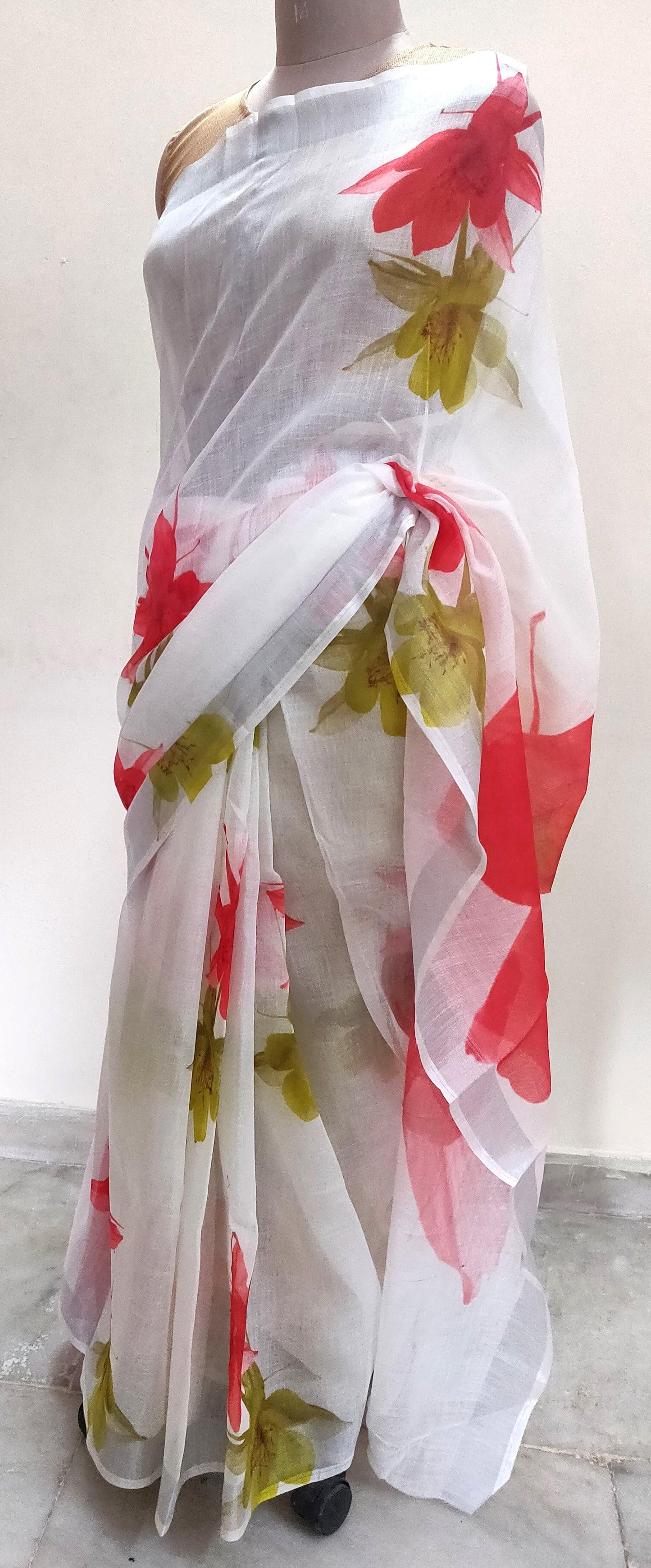 Designer Off White Floral Printed Linen Silk Saree ND05-Anvi Creations-Handloom saree,Linen Saree