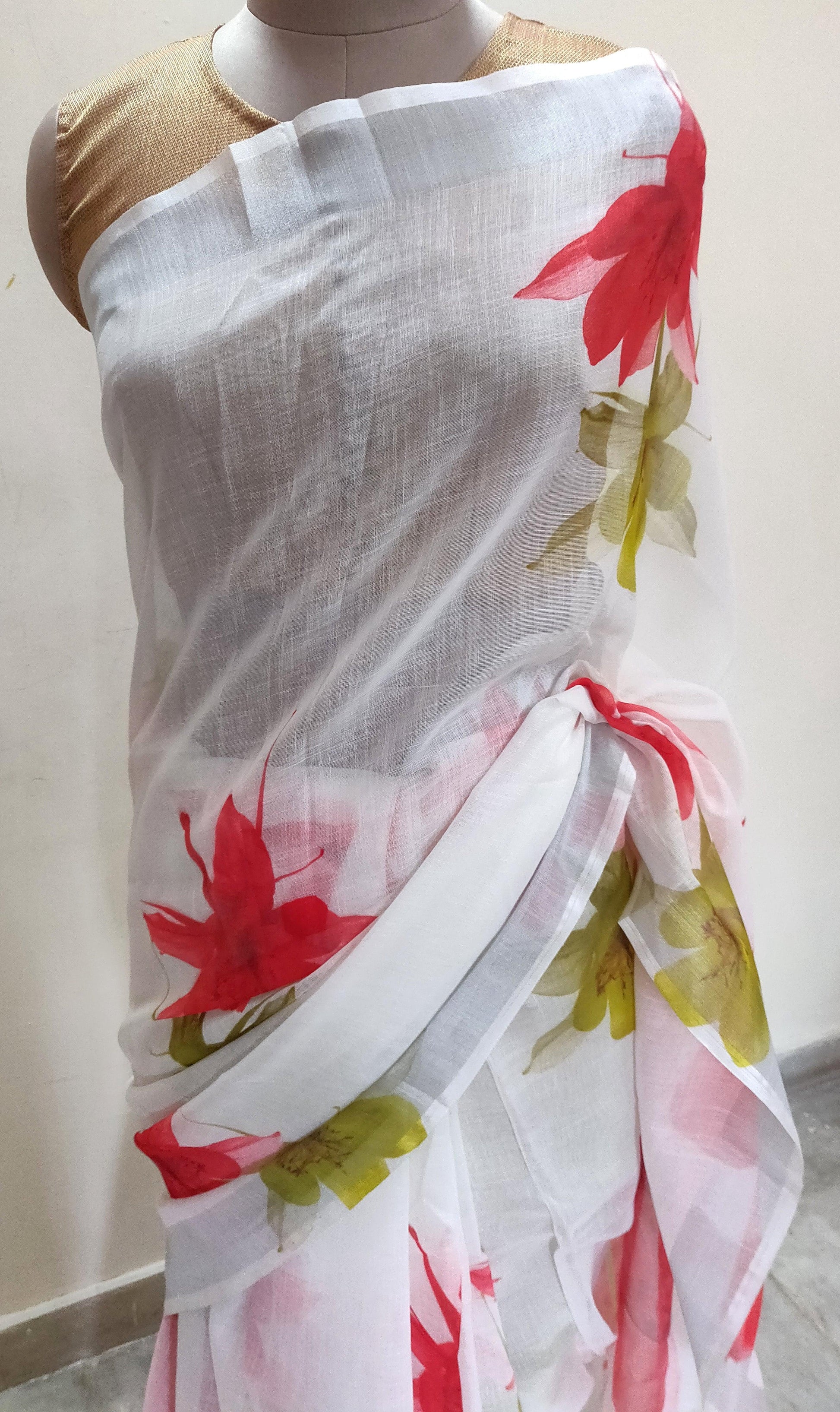 Designer Off White Floral Printed Linen Silk Saree ND05-Anvi Creations-Handloom saree,Linen Saree