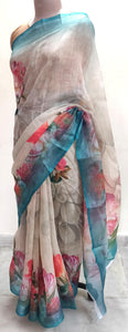 Designer Beige Floral Printed Linen Silk Saree ND07-Anvi Creations-Handloom saree,Linen Saree