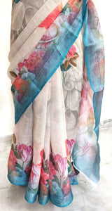 Designer Beige Floral Printed Linen Silk Saree ND07-Anvi Creations-Handloom saree,Linen Saree