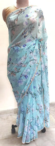 Designer Faux Georgette Turquoise Pearl Lacer Saree ND08-Anvi Creations-Lehariya Saree,Teej saree