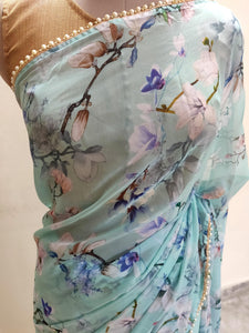 Designer Faux Georgette Turquoise Pearl Lacer Saree ND08-Anvi Creations-Lehariya Saree,Teej saree