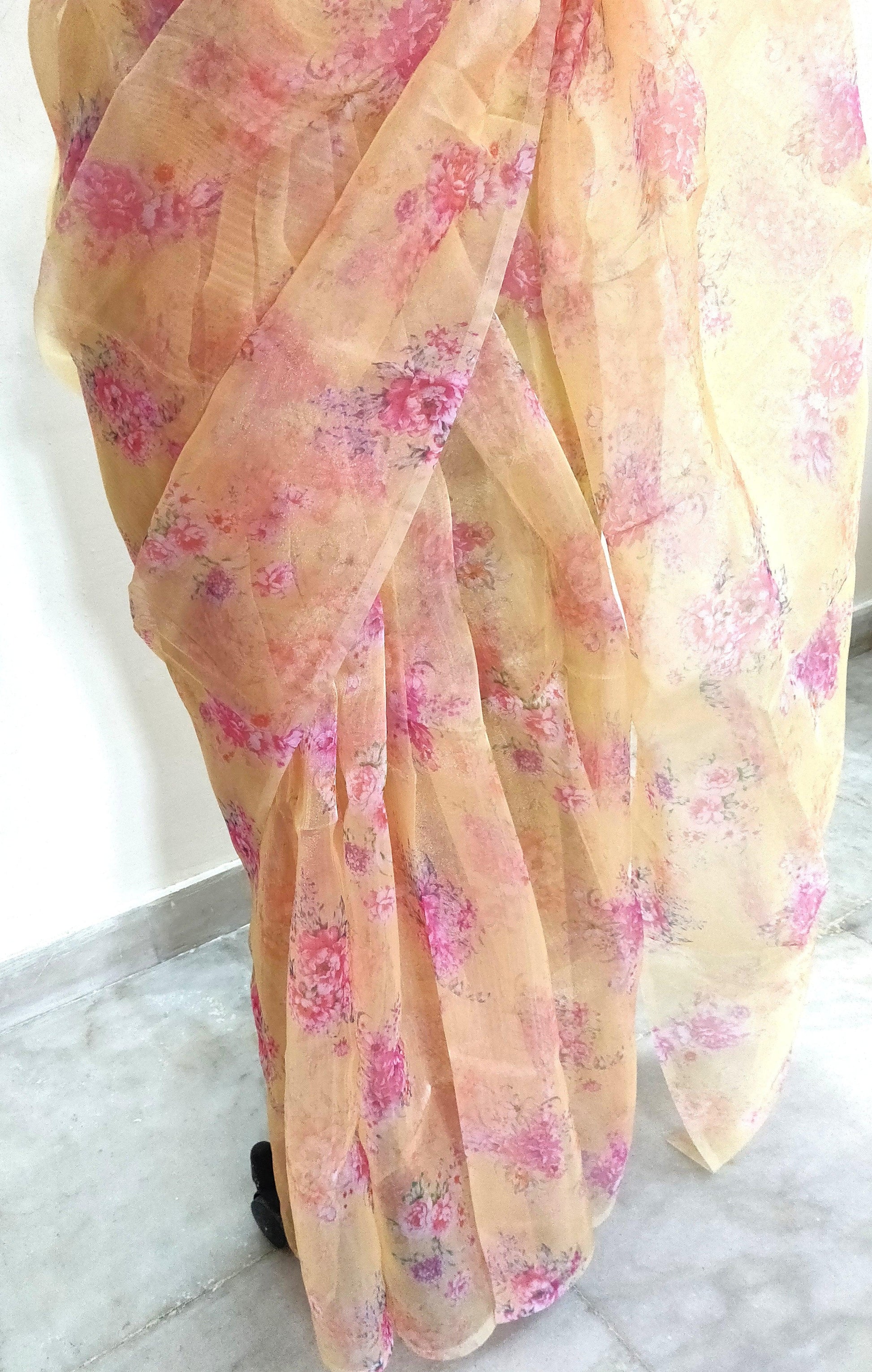 Designer Faux Organza Peach Floral Saree ND09-Anvi Creations-Organza Saree